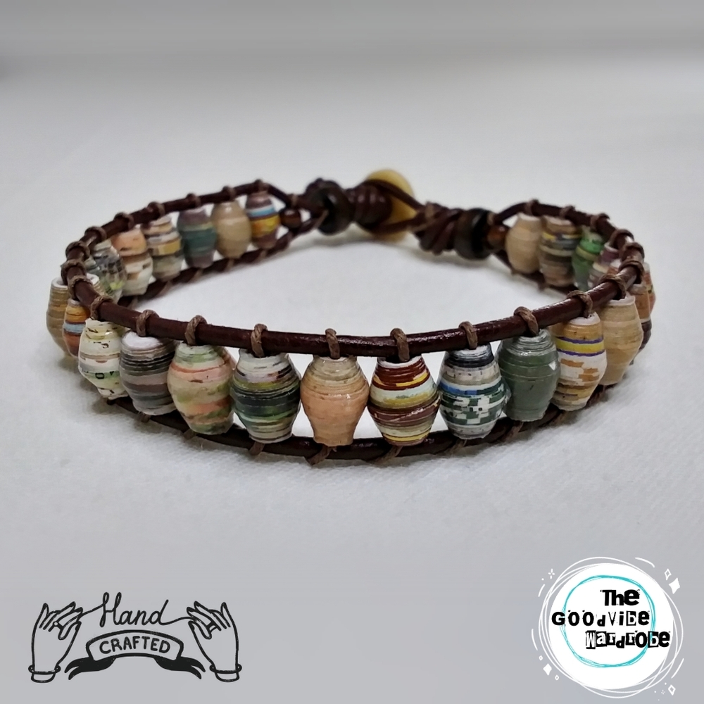 Recycled Paper Bead/Hemp/Leather Bracelet